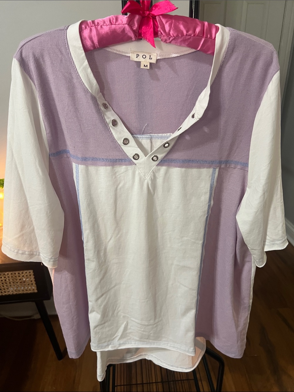 POL Lavender and White Split-Panel Henley Tee